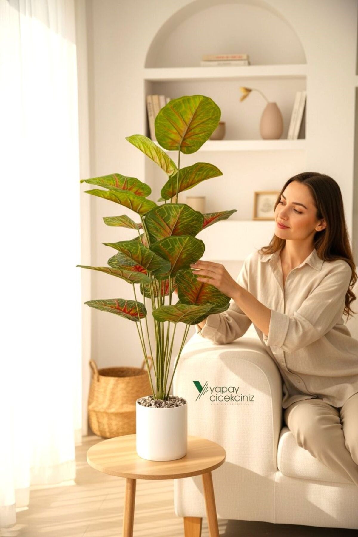 Beyaz Saksıda 95 cm 18 Dallı Yapay Salon Çiçeği Yoğun Yapraklı, Gerçekçi Dekor Bitkisi