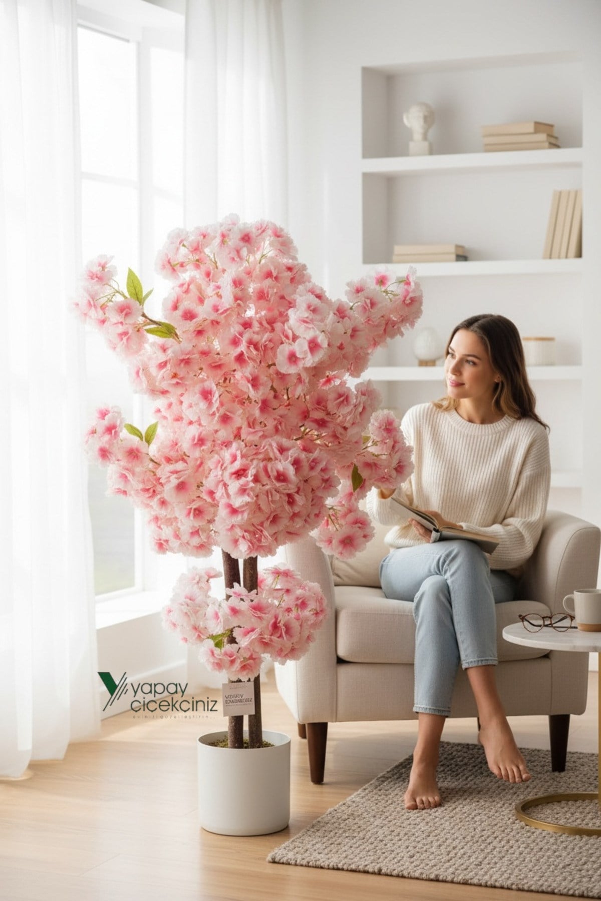 Beyaz Saksıda Pembe ve Beyaz Renkli 100 Cm Lüks Yapay Bahar Dalı Ağacı