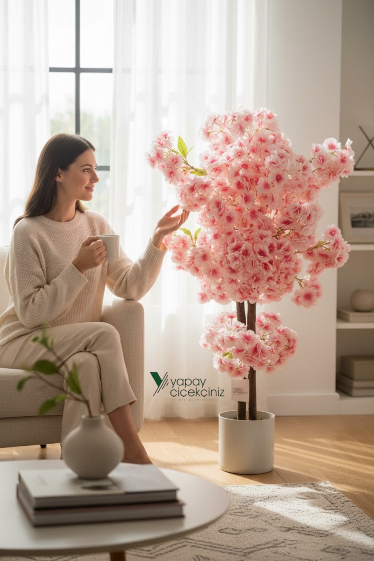 Beyaz Saksıda Pembe ve Beyaz Renkli 100 Cm Lüks Yapay Bahar Dalı Ağacı