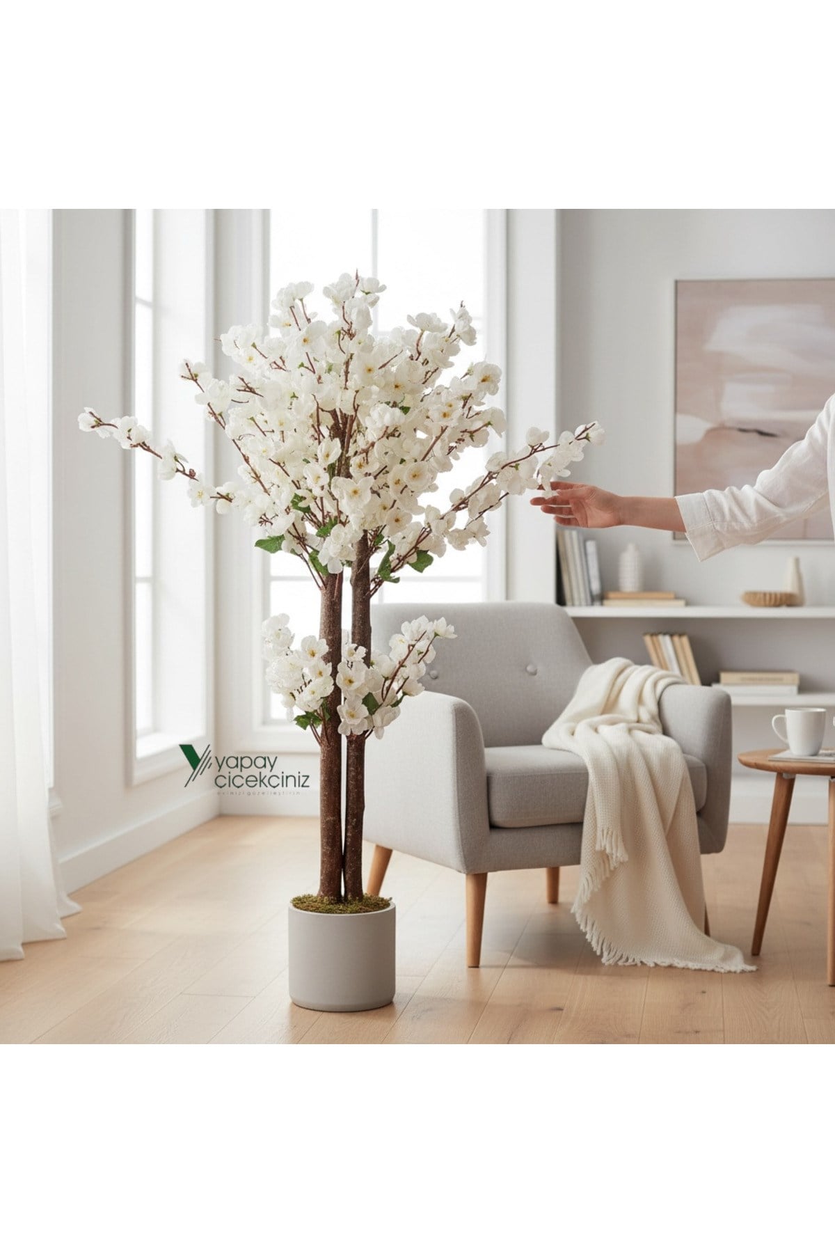 Gri Saksıda 100 Cm Beyaz Bahar Dalı