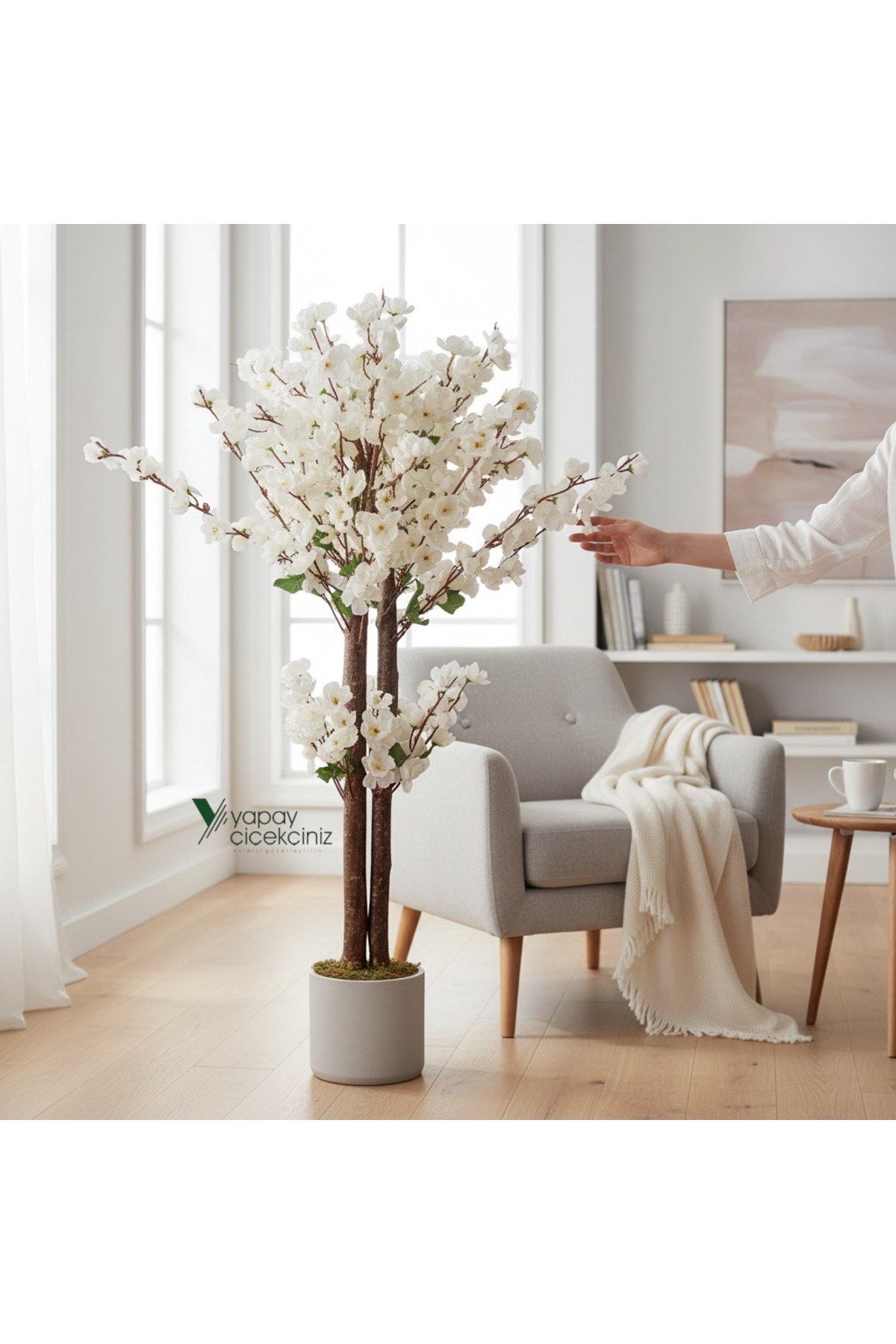 Gri Saksıda 100 Cm Beyaz Bahar Dalı