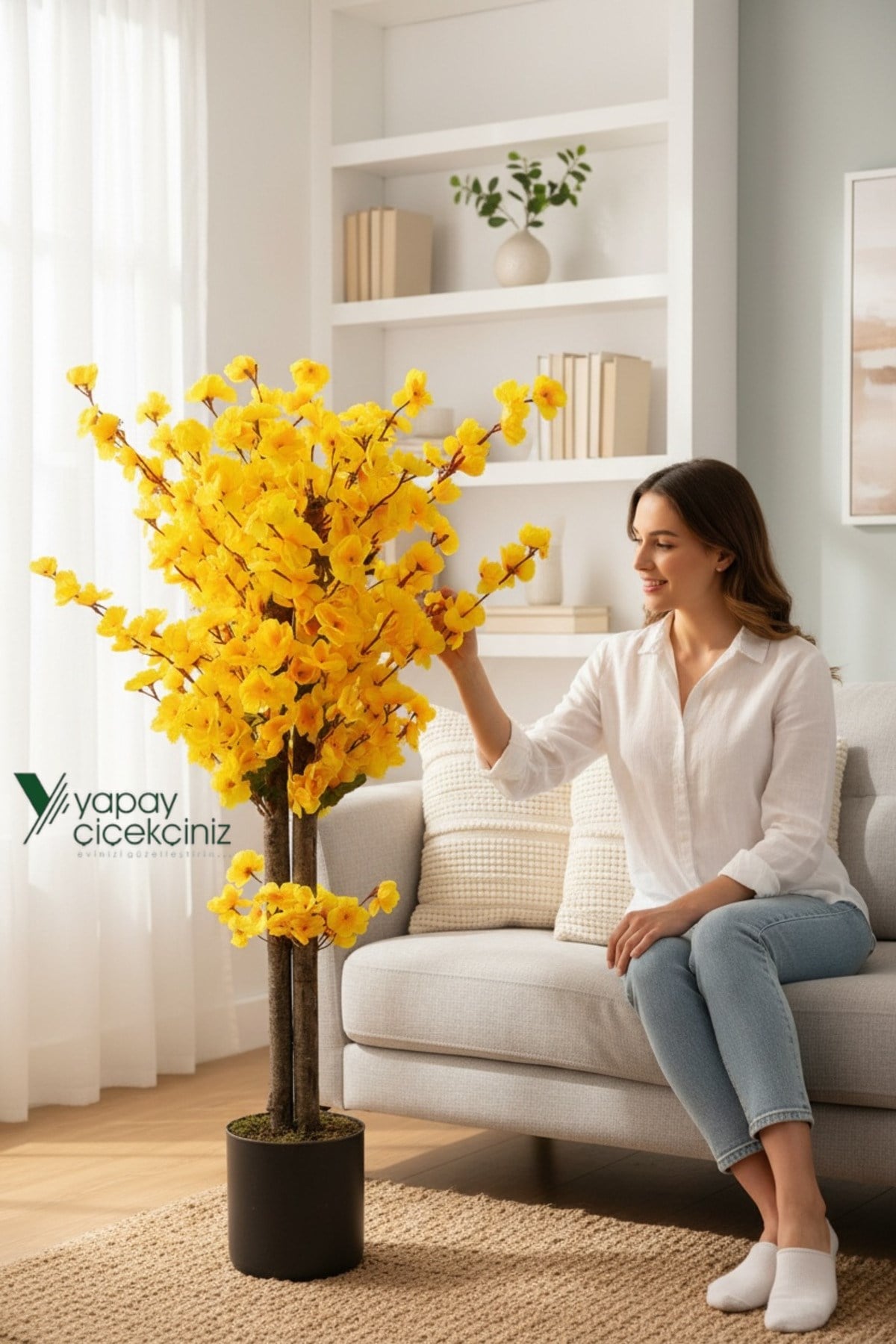 Gri Saksıda 100 Cm Sarı Bahardalı