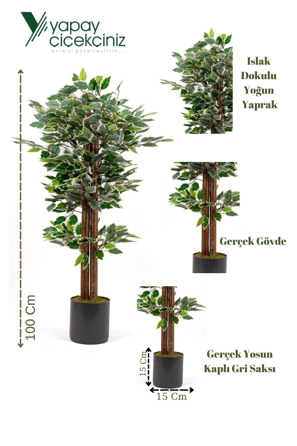 Gri Saksıda 100 Cm Yeşil Beyaz Yapay Benjamin Ağacı
