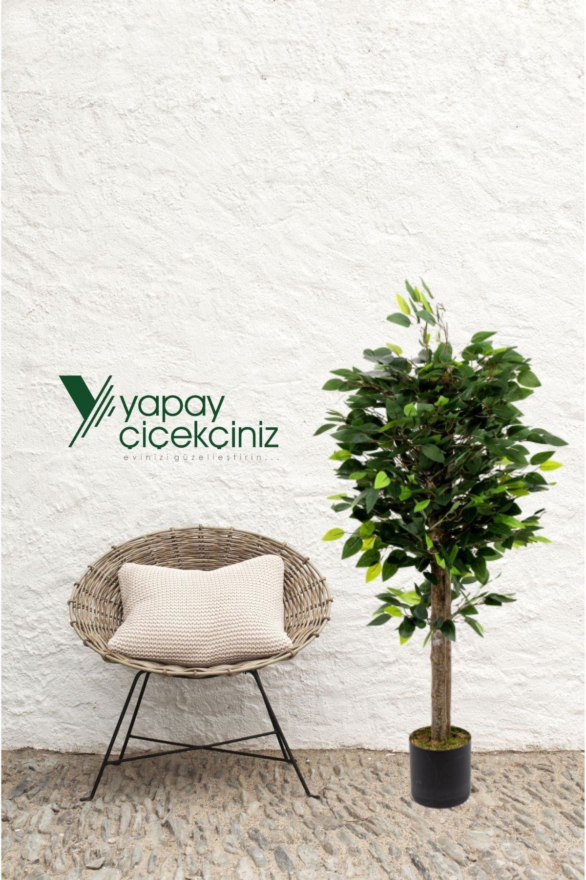 Gri Saksıda Çim Detaylı Yoğun Yapraklı 100 Cm Yapay Benjamin Ağacı