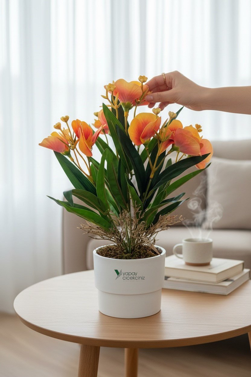 MODERN BEYAZ SAKSIDA 30 CM YAPAY KELEBEK ORKİDE ISLAK DOKULU 