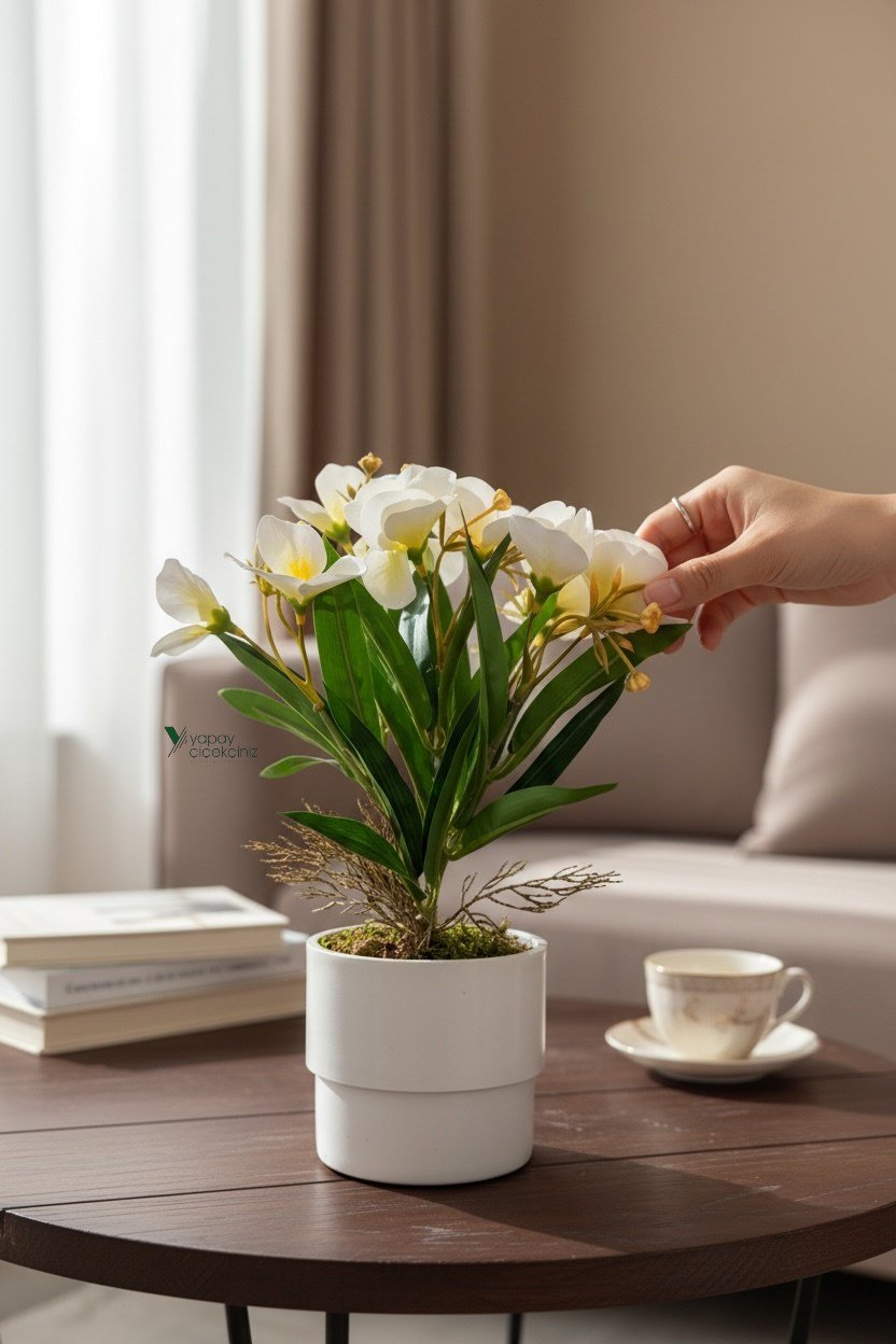 MODERN BEYAZ SAKSIDA 30 CM YAPAY KELEBEK ORKİDE ISLAK DOKULU 