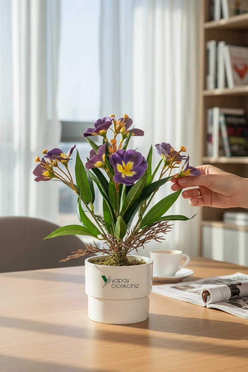 MODERN BEYAZ SAKSIDA 30 CM YAPAY KELEBEK ORKİDE ISLAK DOKULU 