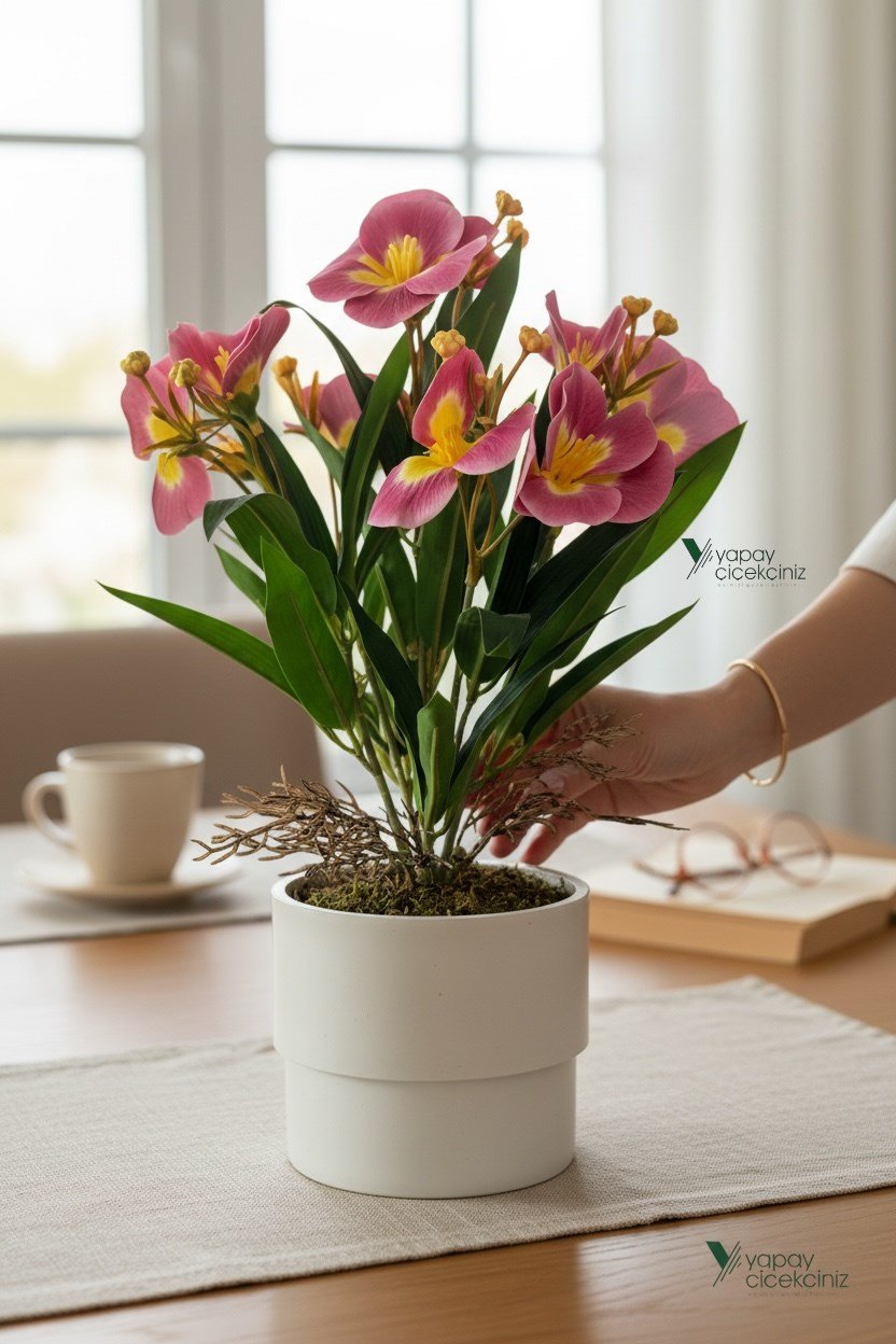 MODERN BEYAZ SAKSIDA 30 CM YAPAY KELEBEK ORKİDE ISLAK DOKULU 