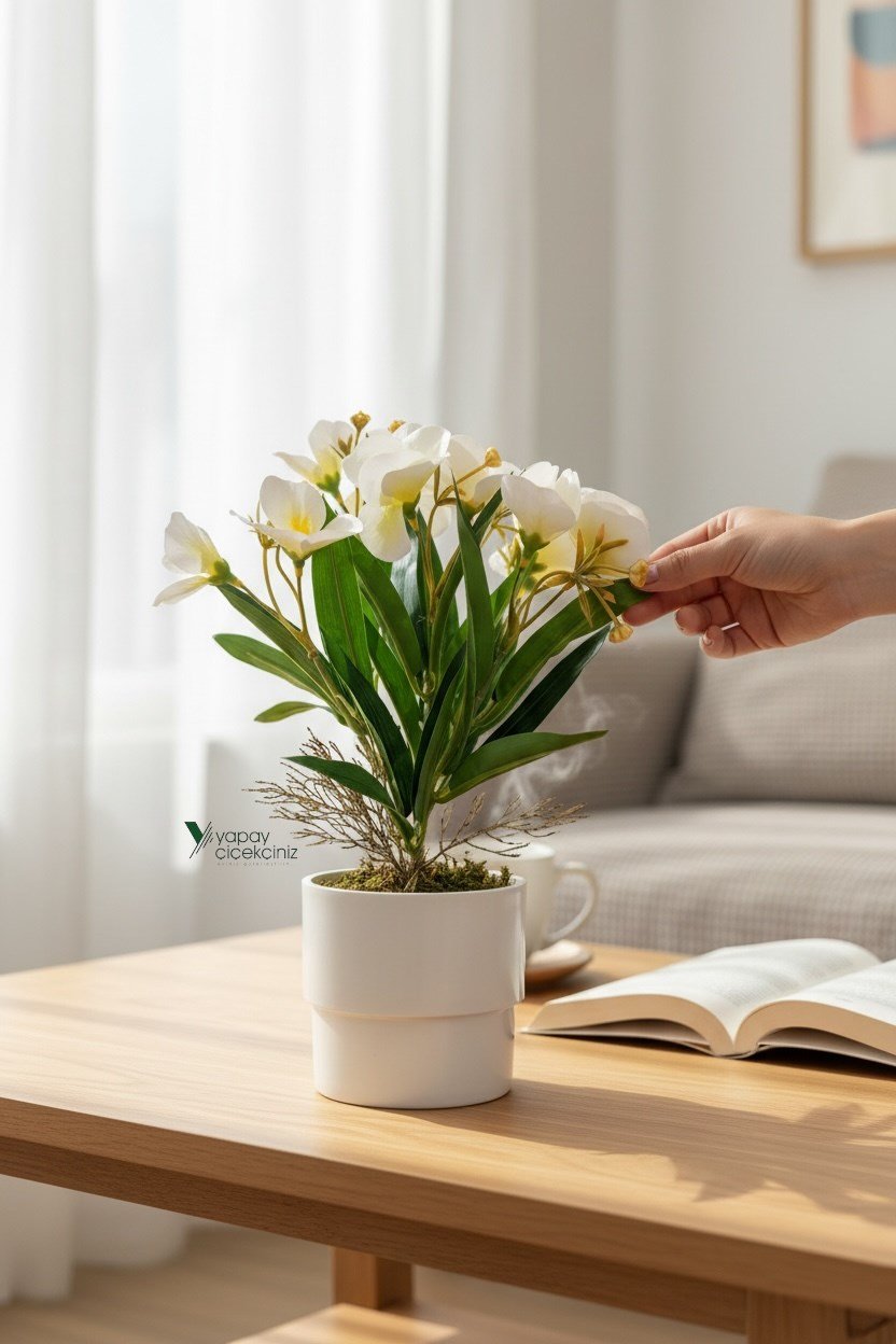 MODERN BEYAZ SAKSIDA 30 CM YAPAY KELEBEK ORKİDE ISLAK DOKULU 