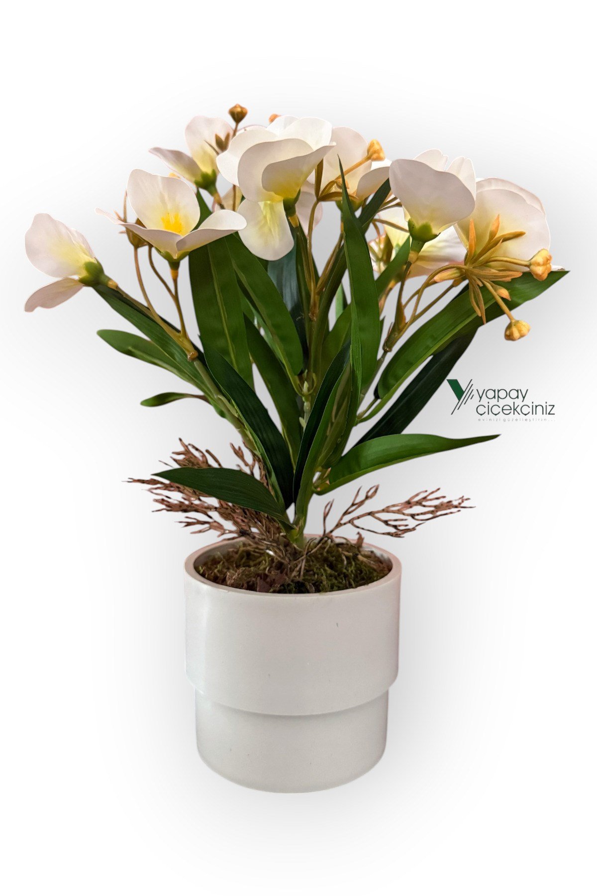 MODERN BEYAZ SAKSIDA 30 CM YAPAY ORKİDE ISLAK DOKULU