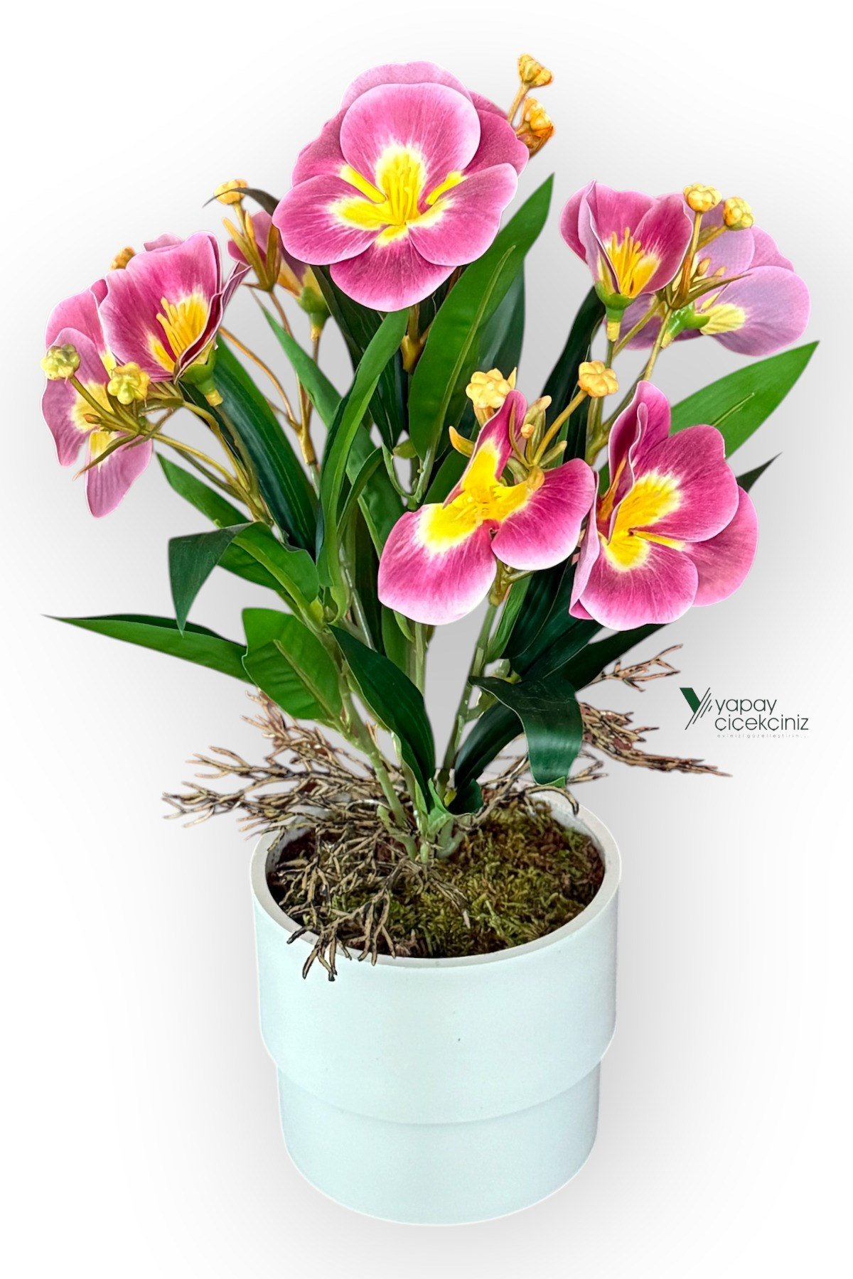 MODERN BEYAZ SAKSIDA 30 CM YAPAY ORKİDE ISLAK DOKULU
