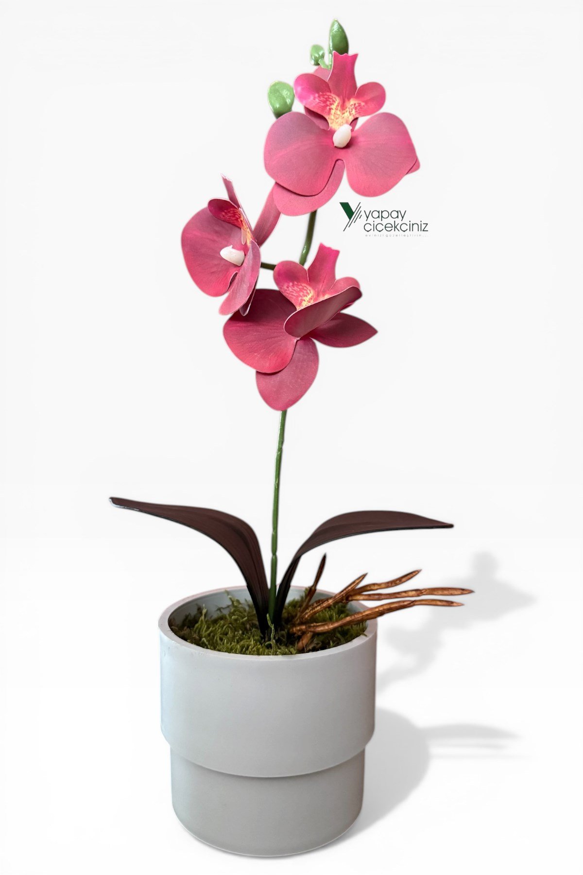 MODERN BEYAZ SAKSIDA 35 CM YAPAY ORKİDE ISLAK DOKULU