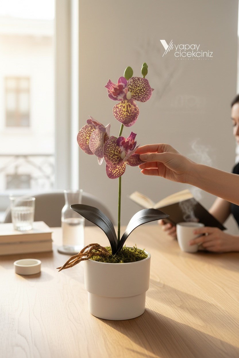 MODERN BEYAZ SAKSIDA 35 CM YAPAY ORKİDE ISLAK DOKULU