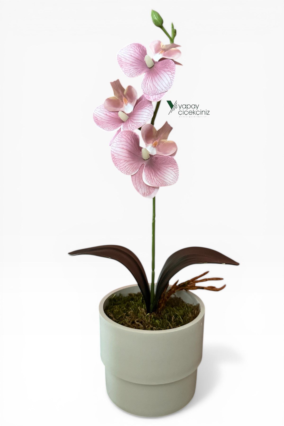 MODERN BEYAZ SAKSIDA 35 CM YAPAY ORKİDE ISLAK DOKULU