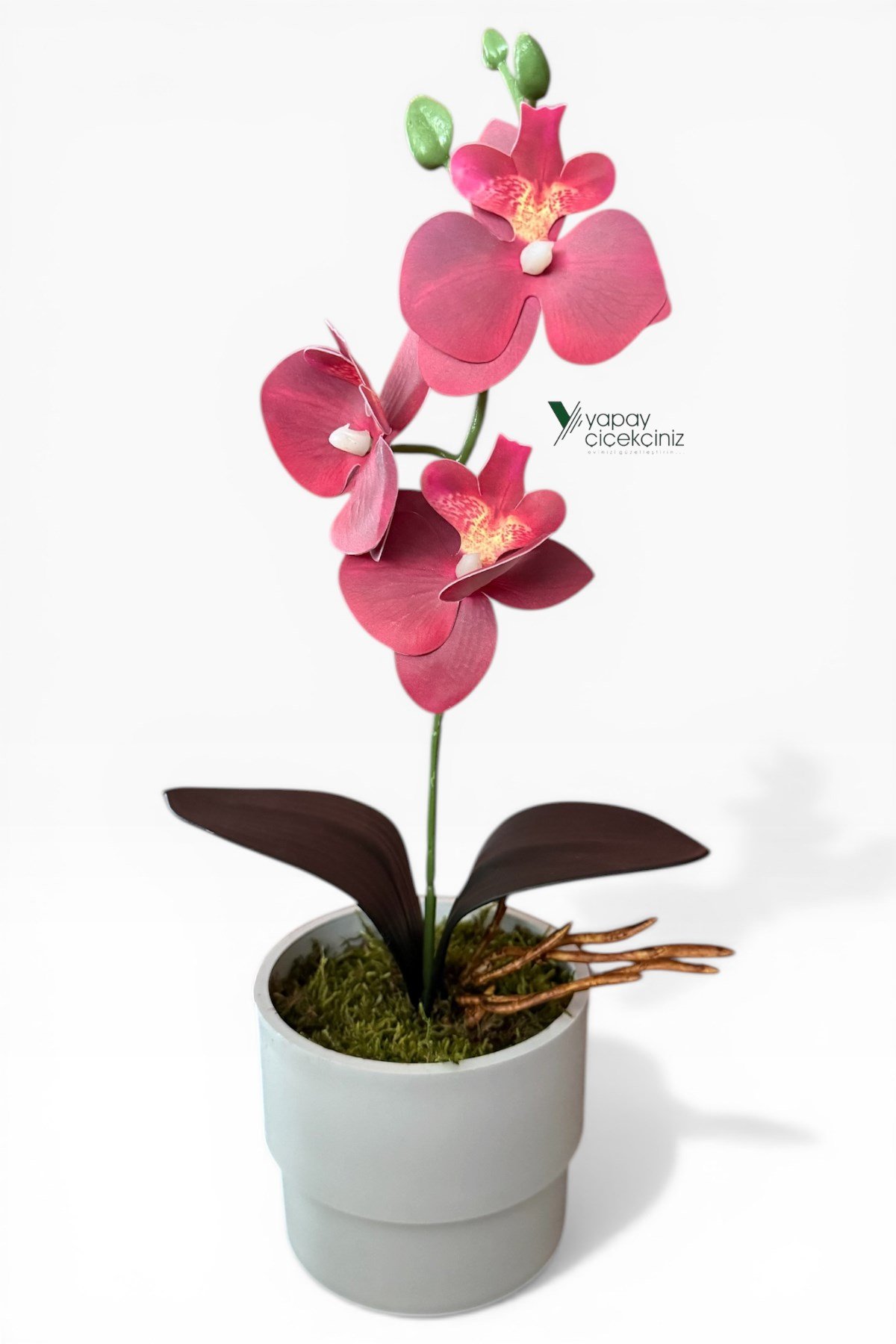 MODERN BEYAZ SAKSIDA 35 CM YAPAY ORKİDE ISLAK DOKULU