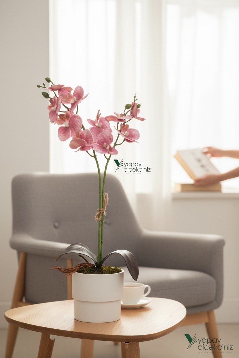 MODERN TASARIM BEYAZ RENKLİ SAKSIDA 2 DALLI YAPAY ISLAK ORKİDE 50 CM