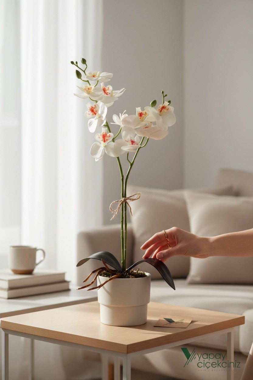 MODERN TASARIM BEYAZ RENKLİ SAKSIDA 2 DALLI YAPAY ISLAK ORKİDE 50 CM