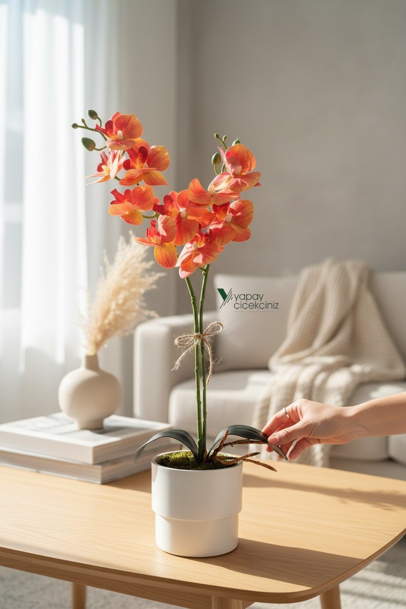 MODERN TASARIM BEYAZ RENKLİ SAKSIDA 2 DALLI YAPAY ISLAK ORKİDE 50 CM