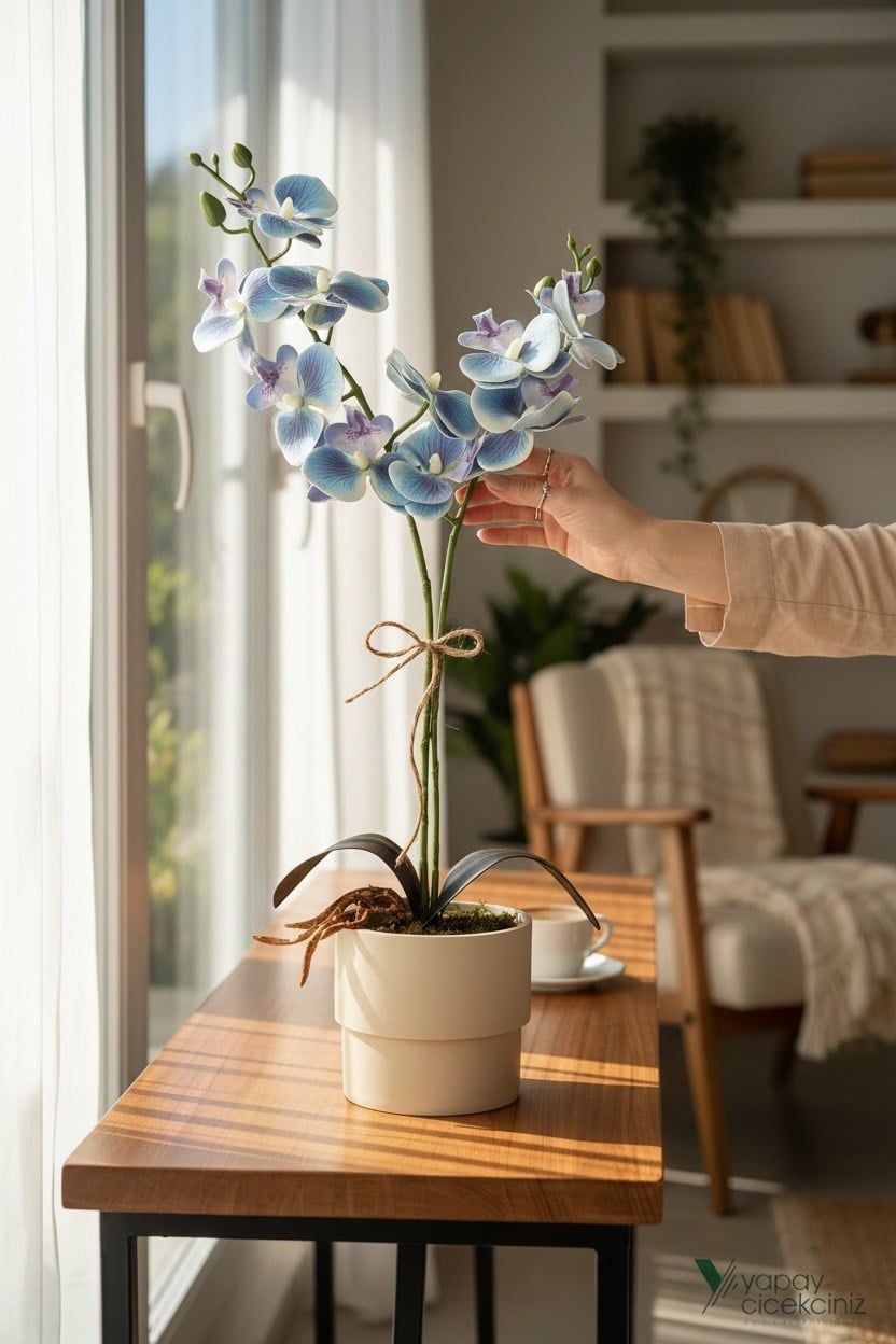 MODERN TASARIM BEYAZ RENKLİ SAKSIDA 2 DALLI YAPAY ISLAK ORKİDE 50 CM