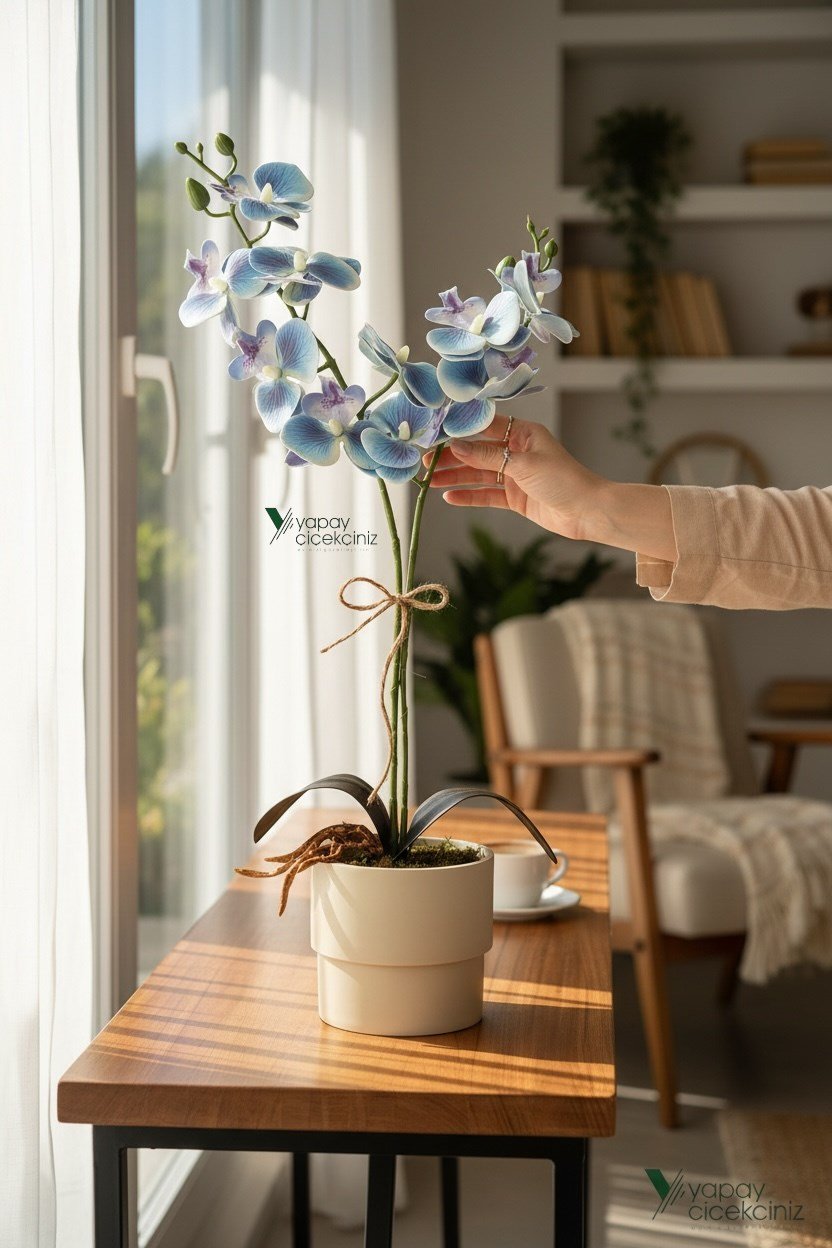 MODERN TASARIM BEYAZ RENKLİ SAKSIDA 2 DALLI YAPAY ISLAK ORKİDE 50 CM
