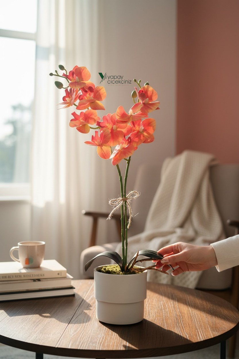 MODERN TASARIM BEYAZ RENKLİ SAKSIDA 2 DALLI YAPAY ISLAK ORKİDE 50 CM