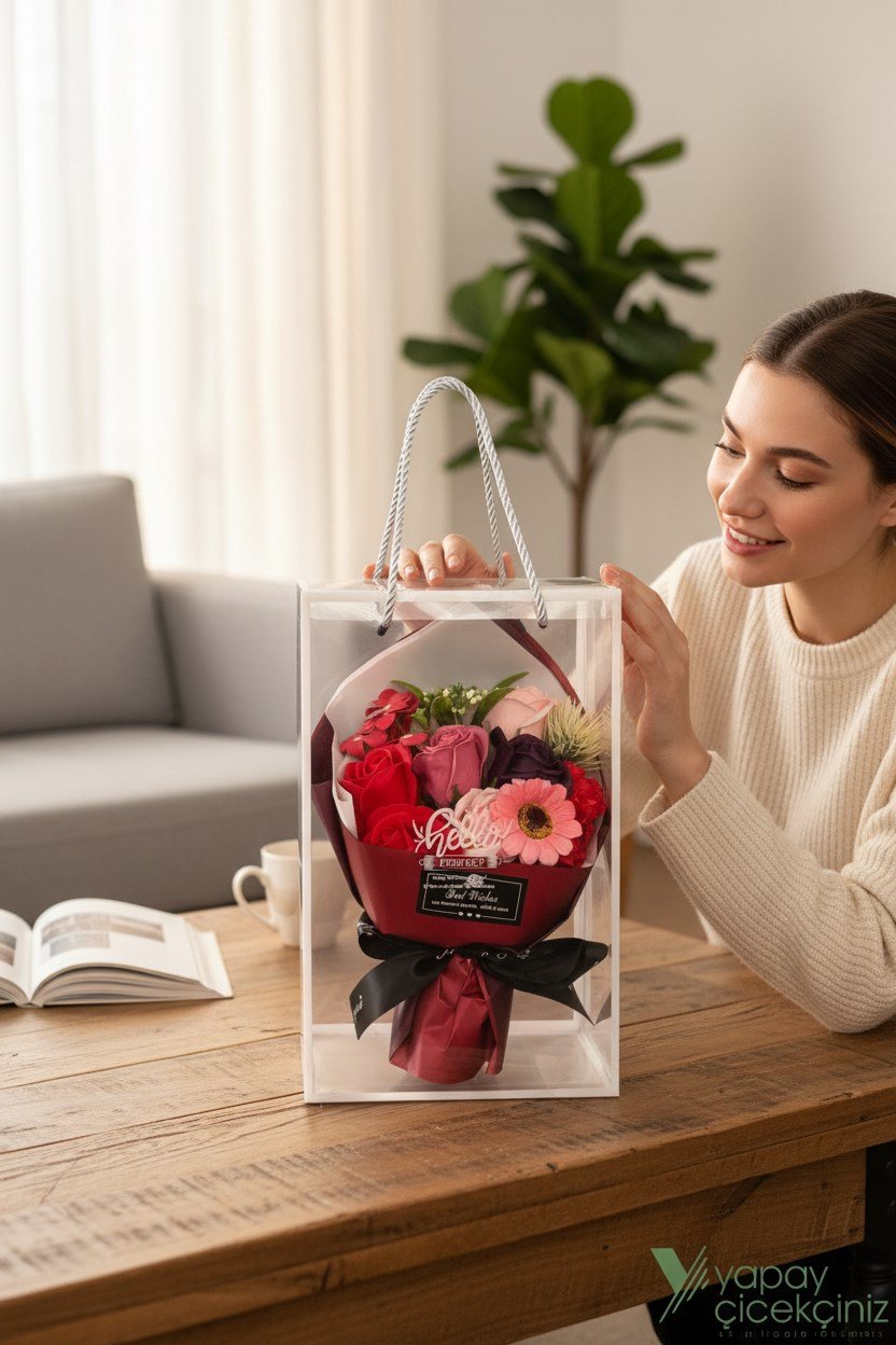 Şeffaf Çantalı 7'li Yapay Gül Buketi Kokulu