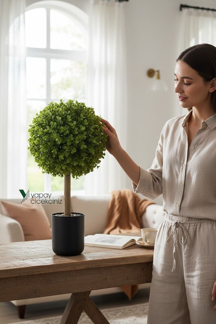 Siyah Renkli Saksıda Yoğun Yapraklı 65 Cm Yapay Top Şimşir Ağacı 35x35