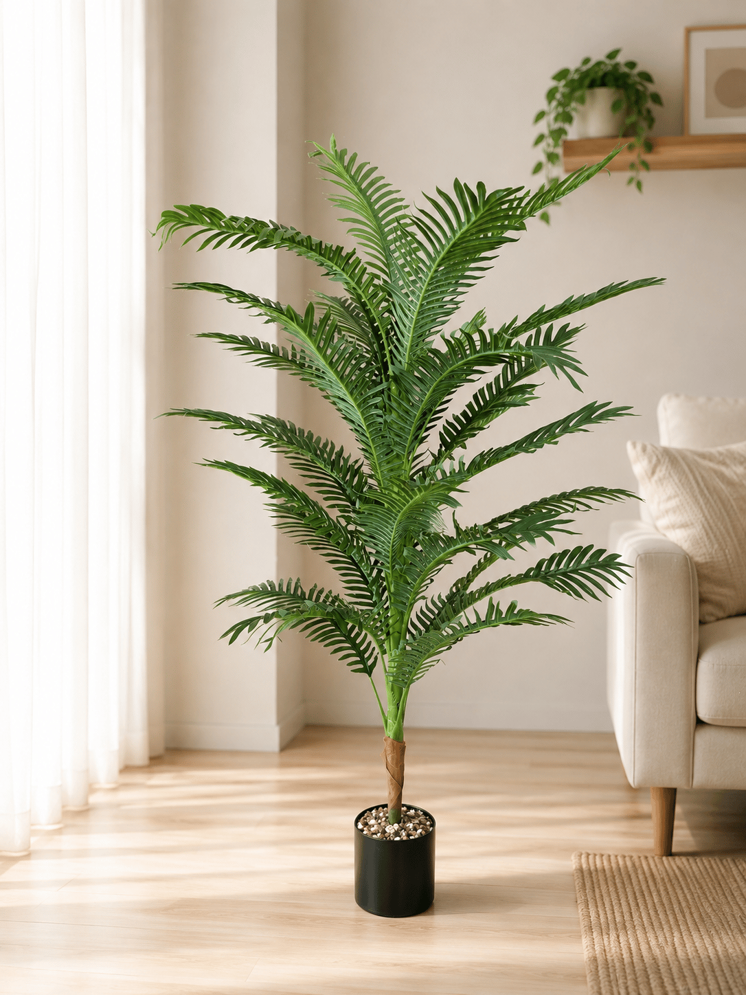 Taş Detaylı Siyah Saksıda 110 cm 23 Dallı Yapay Areka Ağacı 