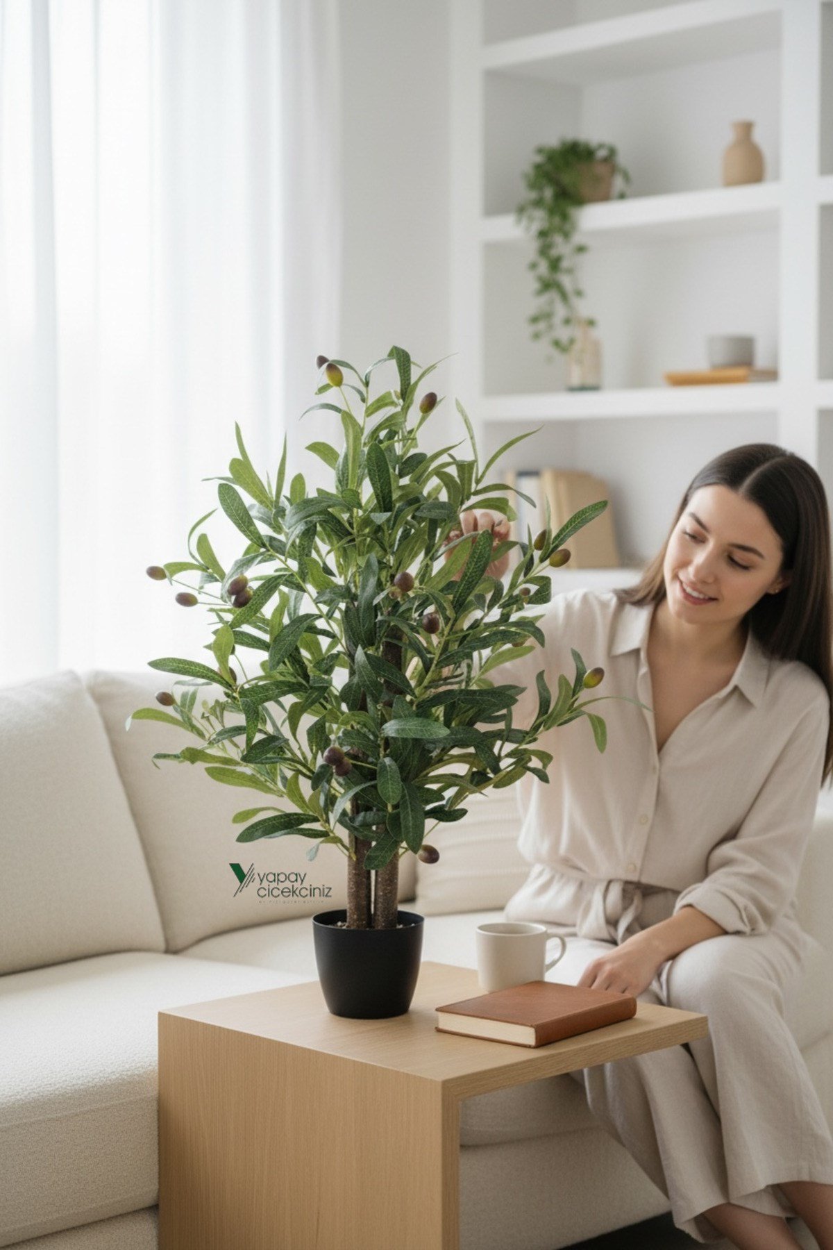 Taş Detaylı Siyah Saksıda 60 cm Yapay Zeytin Ağacı