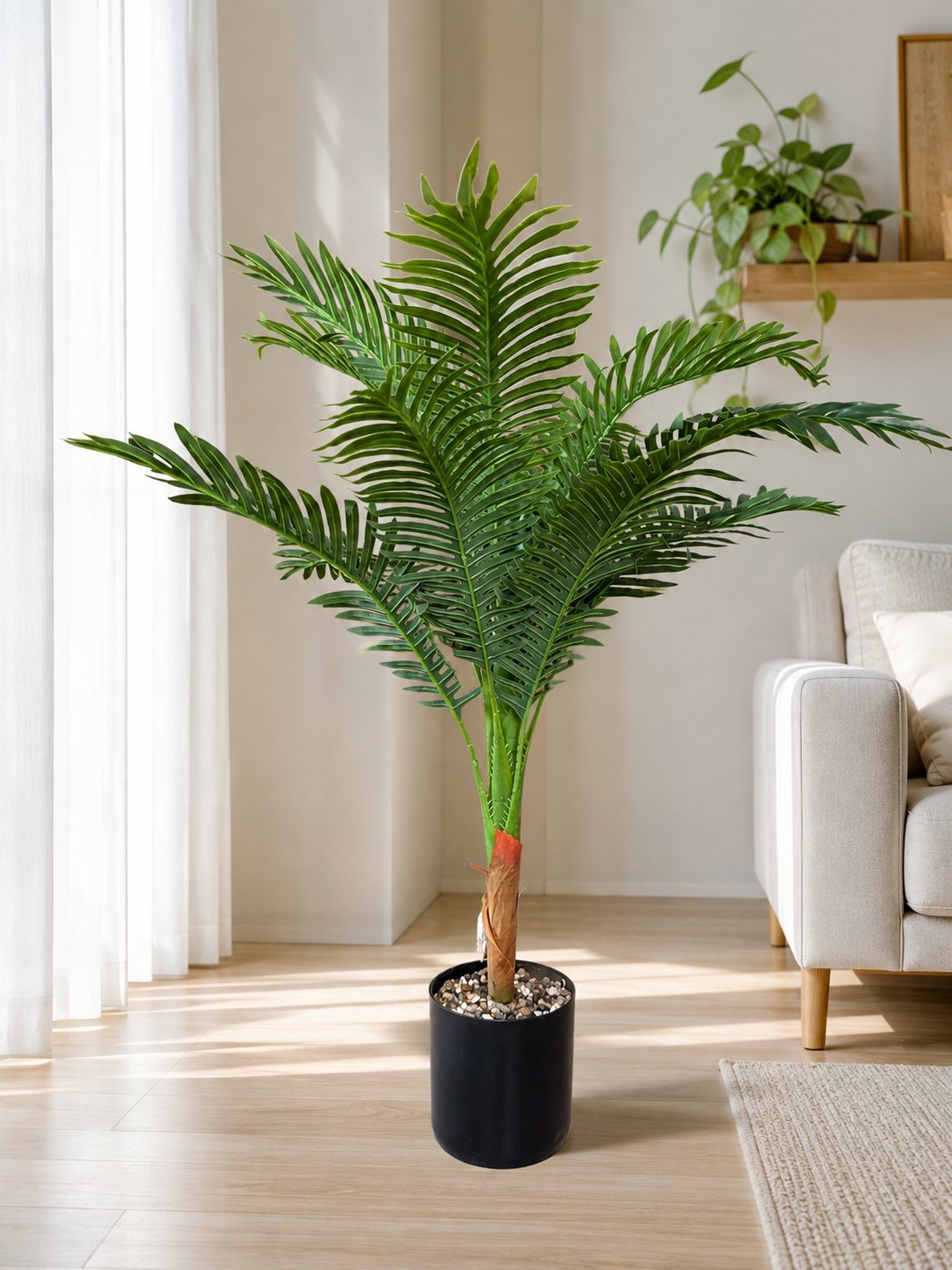 Taş Detaylı Siyah Saksıda 90 cm 12 Dallı Yapay Areka Ağacı 