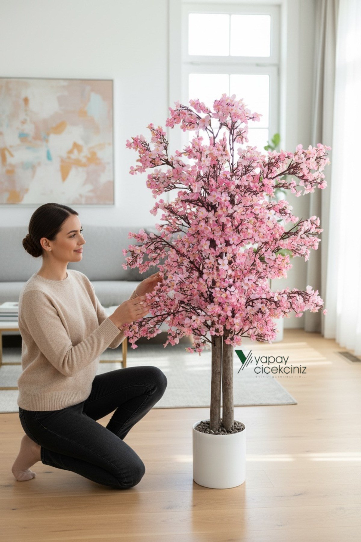 Yoğun Yapraklı 100 cm Pembe Yapay Sakura Bahar Dalı Ağacı Premium