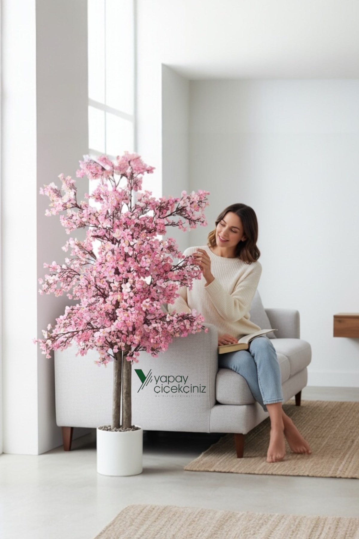 Yoğun Yapraklı 100 cm Pembe Yapay Sakura Bahar Dalı Ağacı Premium