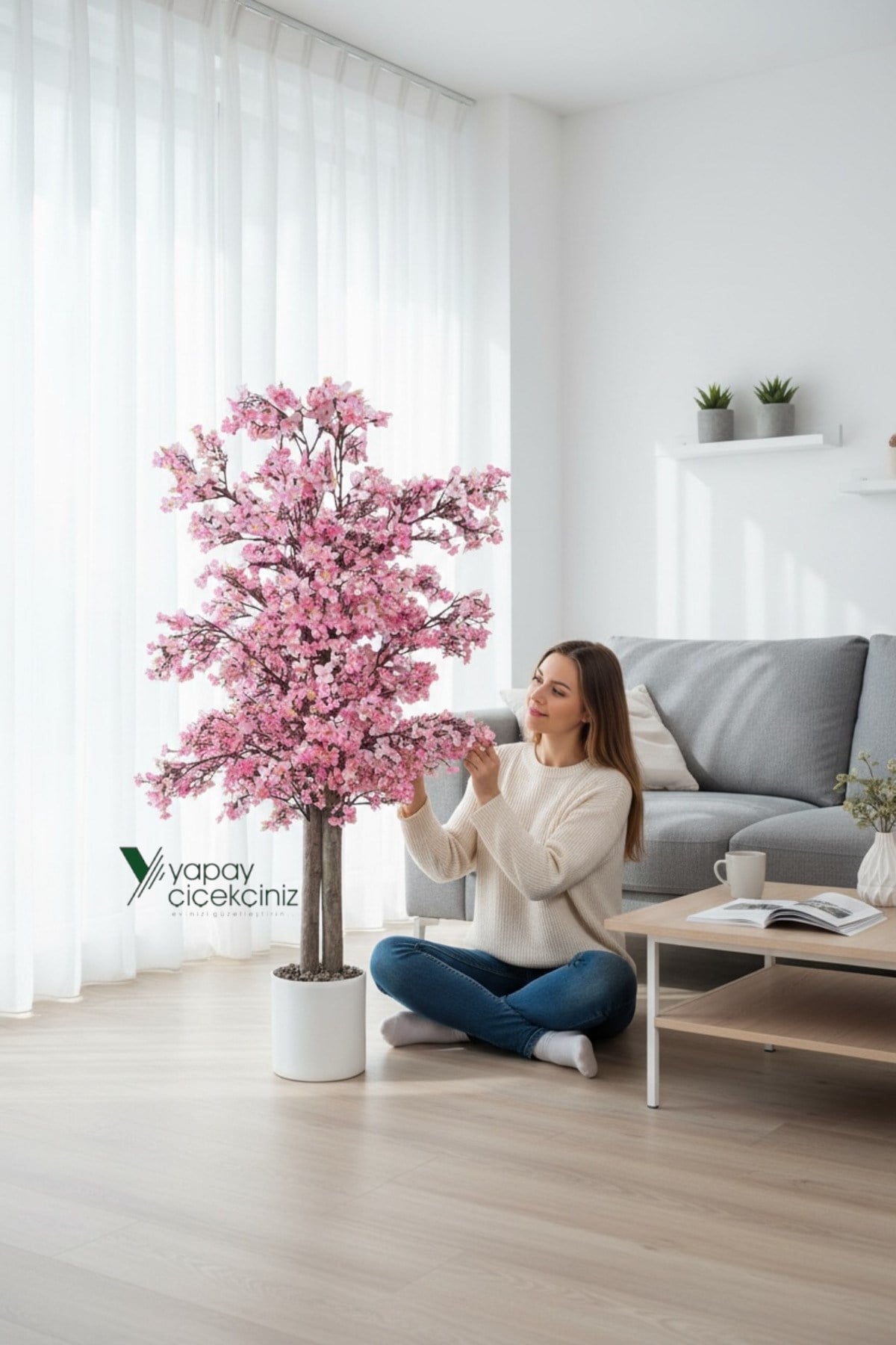 Yoğun Yapraklı 100 cm Pembe Yapay Sakura Bahar Dalı Ağacı Premium