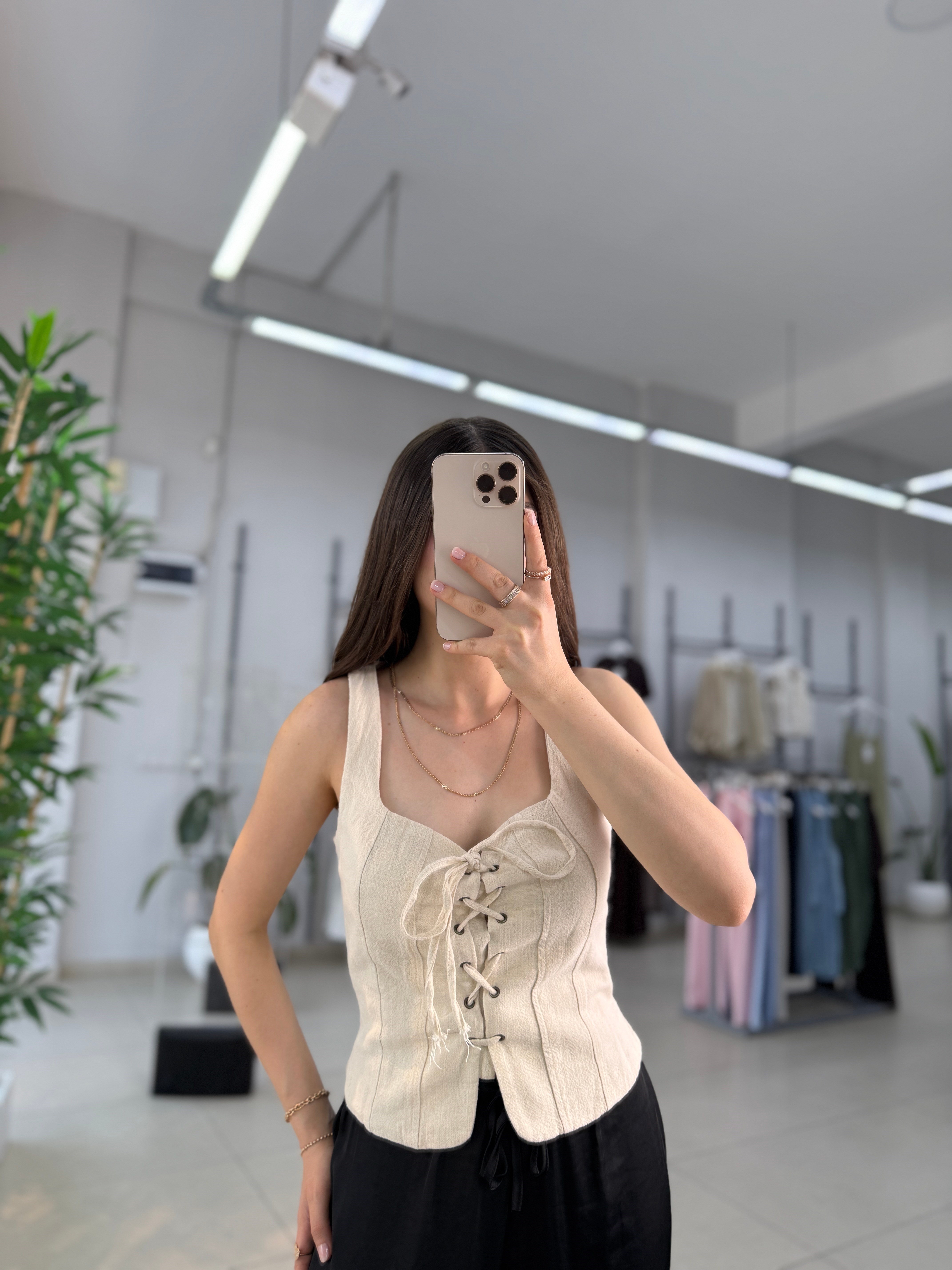 Bağcıklı Keten Bluz 