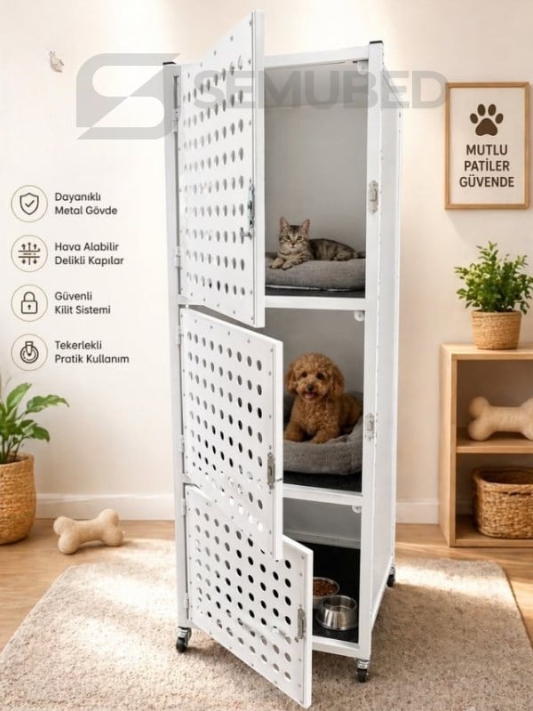 Semubed Veteriner Pet Kafesi 3 Bölmeli Beyaz-SMB00118