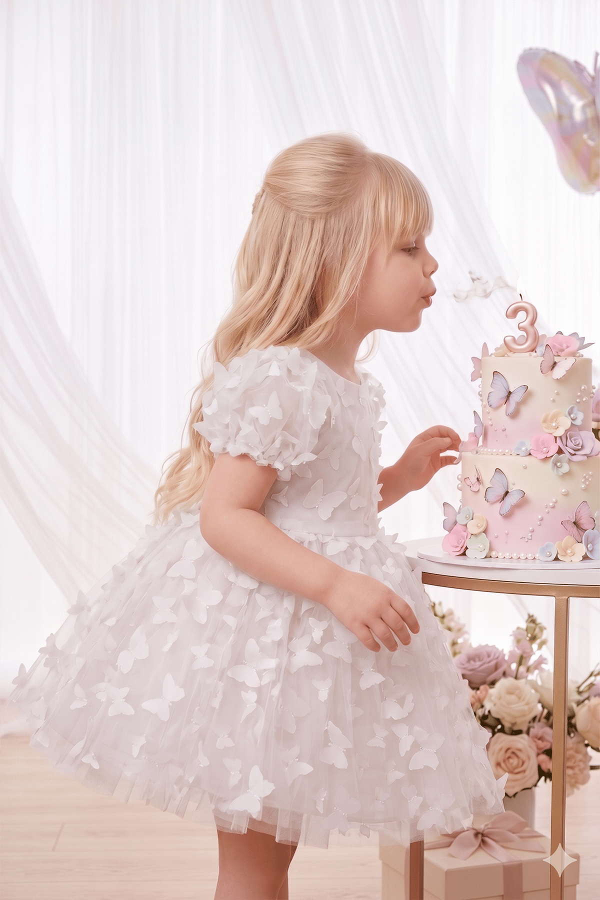 Butterfly V Detaylı Kısa Kollu Elbise - Beyaz