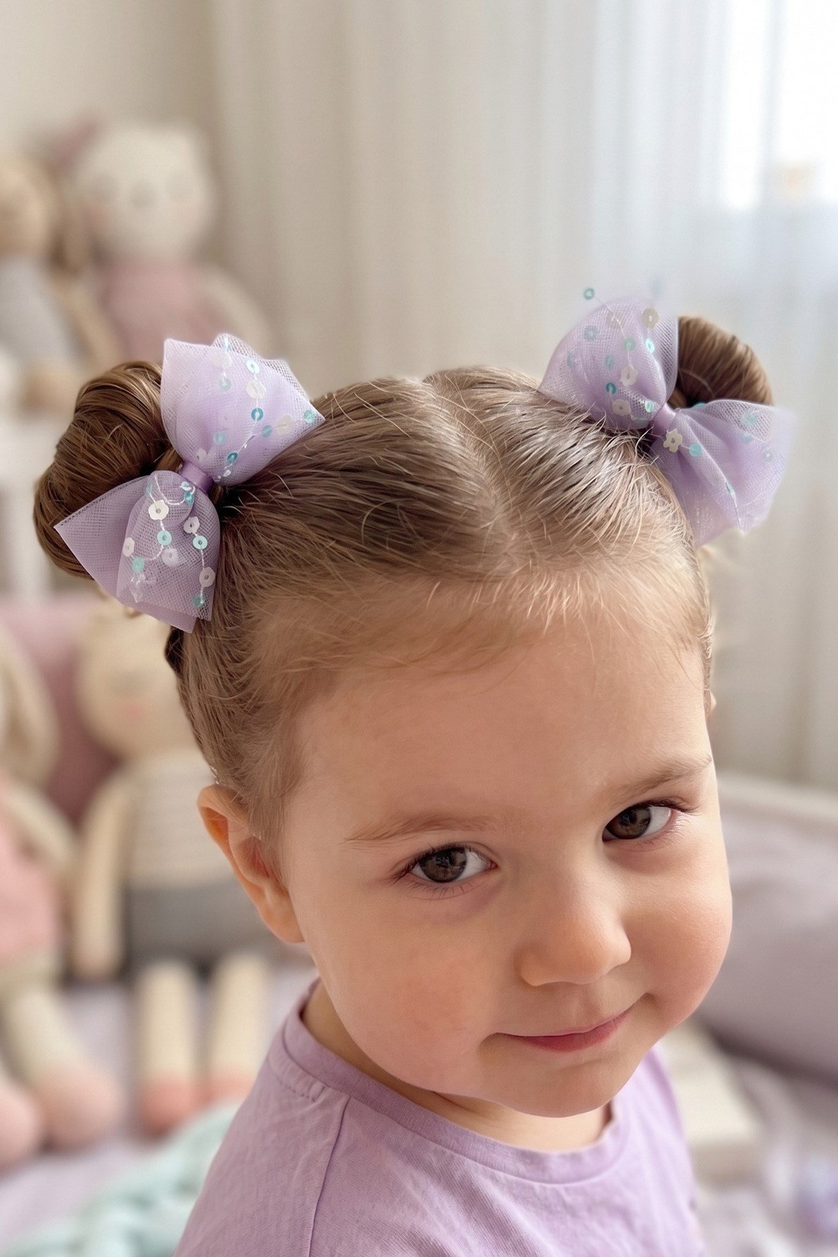 Kız Bebek Çocuk Tül Fiyonklu Saç Tokası 2’li Set Renkli Lastik Toka
