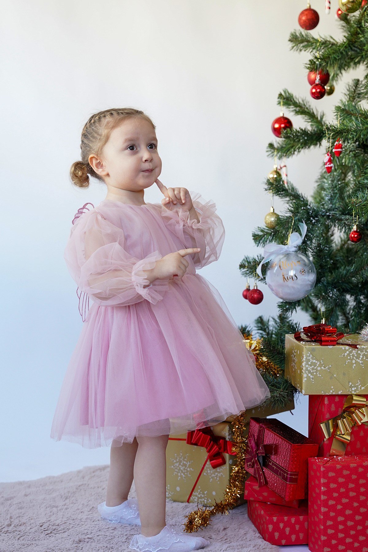 Kız Bebek Çocuk Uzun Kollu Kanatlı Doğum Günü Parti Düğün Özel Gün Tüllü Tütü Astarlı Prenses Elbise