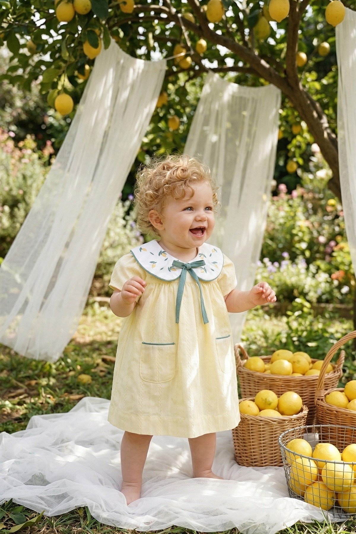 Kız Bebek Elbise Kısa Kollu Bebe Yaka Sarı Limon Nakış Detaylı Özel Gün Doğum Günü Günlük Elbise