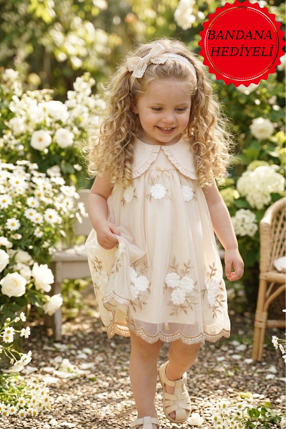 Kız Bebek Elbise Kısa Kollu Bebe Yaka Vintage Çiçekli Doğum Günü Özel gün Parti Günlük Elbise