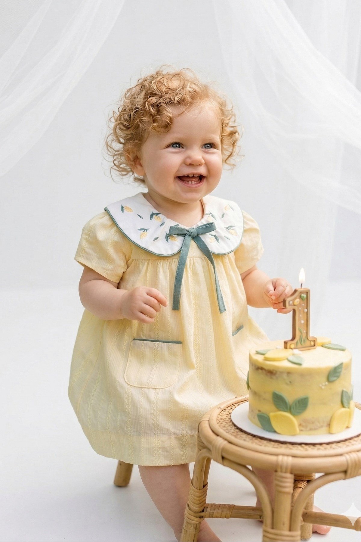 Kız Bebek Elbise Kısa Kollu Bebe Yaka Sarı Limon Nakış Detaylı Özel Gün Doğum Günü Günlük Elbise