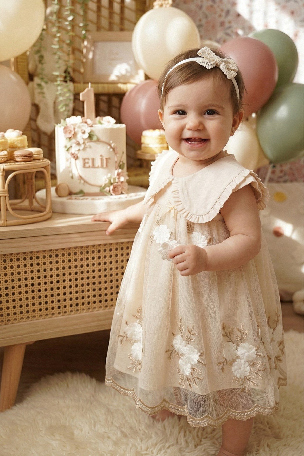 Kız Bebek Elbise Kısa Kollu Bebe Yaka Vintage Çiçekli Doğum Günü Özel gün Parti Günlük Elbise