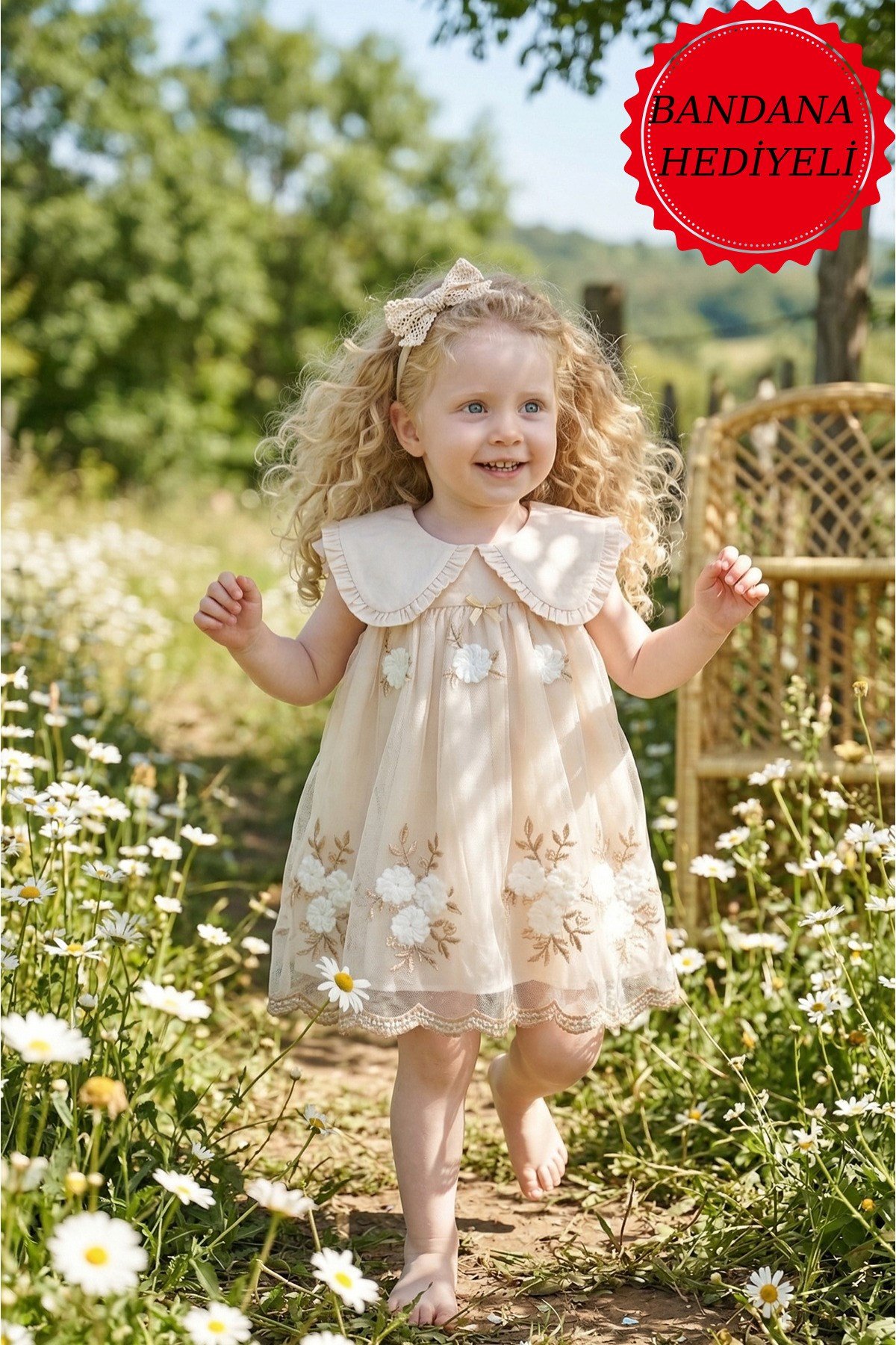 Kız Bebek Elbise Kısa Kollu Bebe Yaka Vintage Çiçekli Doğum Günü Özel gün Parti Günlük Elbise