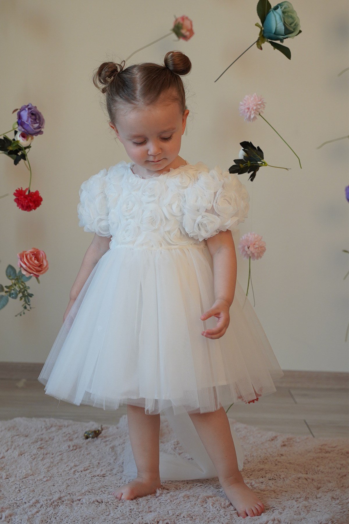 Kız Bebek Elbise Kısa Kollu Fiyonklu Güllü Doğum Günü Parti Düğün Özel Gün Abiye Kız Çocuk Elbise
