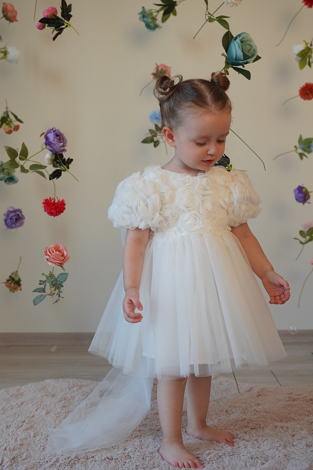 Kız Bebek Elbise Kısa Kollu Fiyonklu Güllü Doğum Günü Parti Düğün Özel Gün Abiye Kız Çocuk Elbise