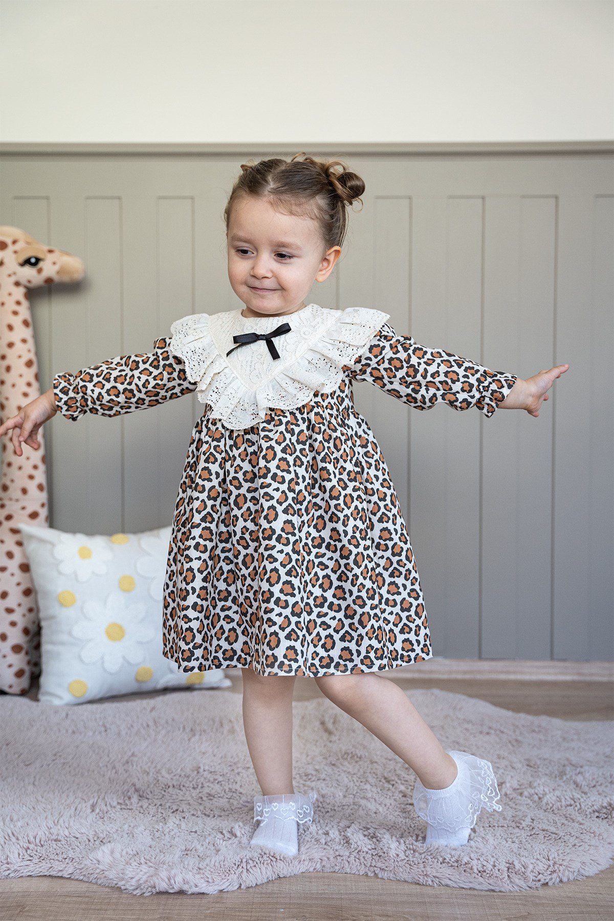 Kız Bebek Elbise Leoparlı Uzun Kollu Dantelli Fiyonklu Doğum Günü Parti Özel Günlük Kız Çocuk Elbise