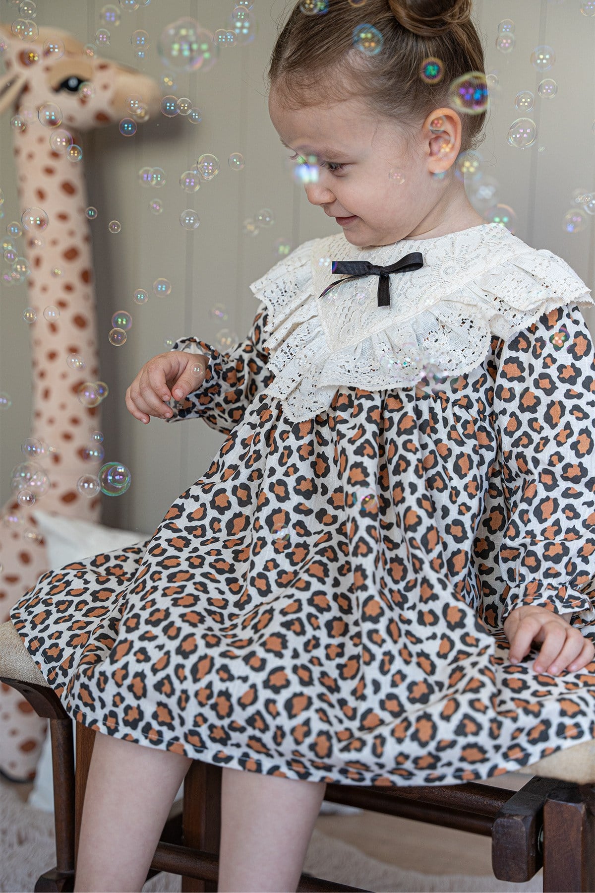 Kız Bebek Elbise Leoparlı Uzun Kollu Dantelli Fiyonklu Doğum Günü Parti Özel Günlük Kız Çocuk Elbise