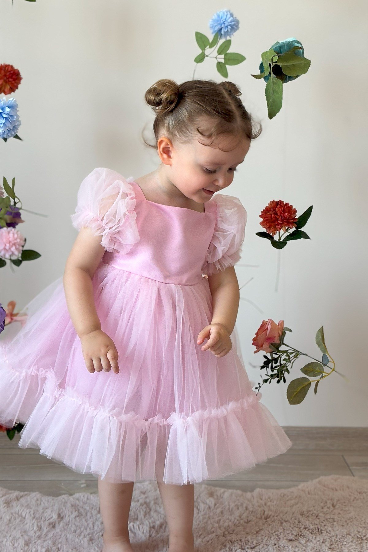 Kız Bebek Elbise Tüllü Tütü Kabarık Doğum Günü Parti Düğün Özel Gün Fiyonklu Kız Çocuk Abiye Elbise