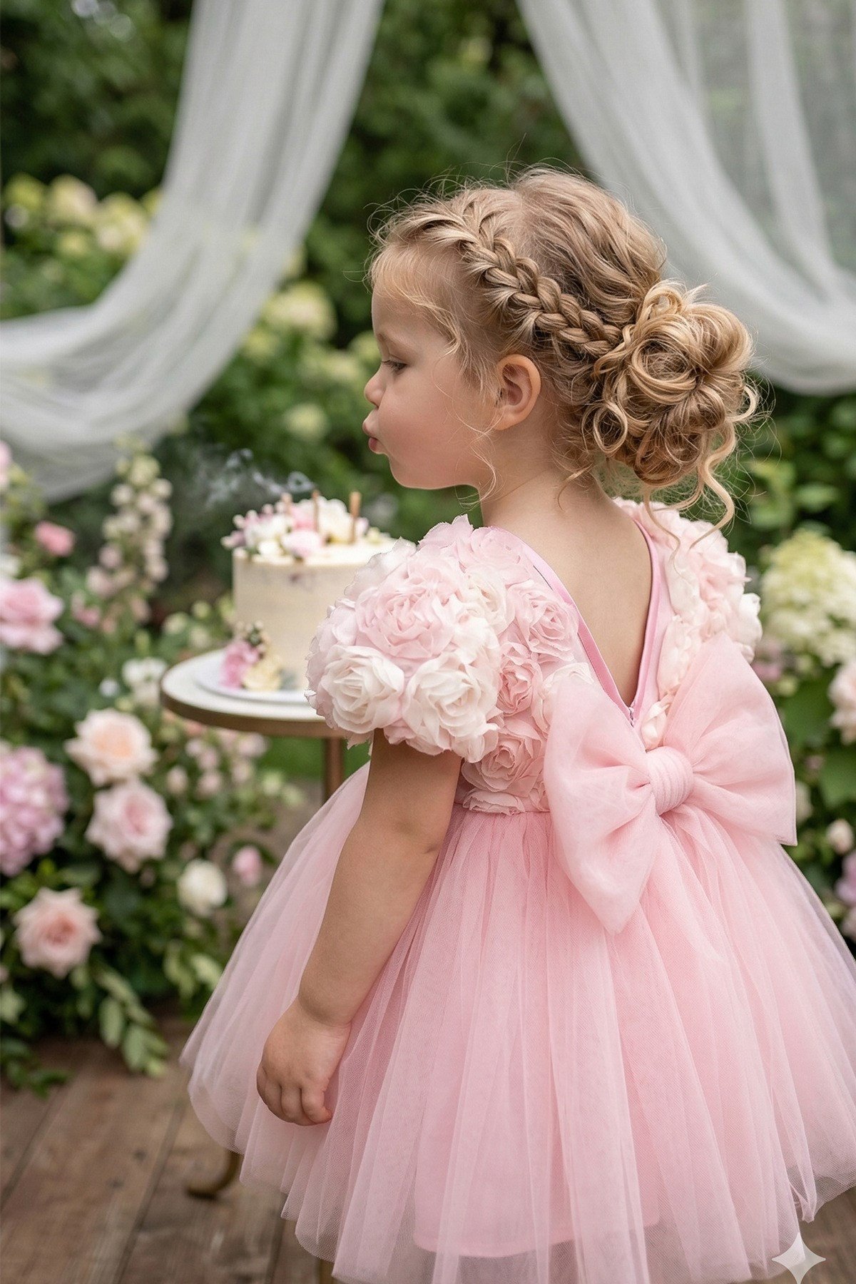 Kız Bebek Güllü Tütü Elbise Pembe Ekru Prenses Model 9-24 Ay Doğum Günü Özel Gün Elbisesi