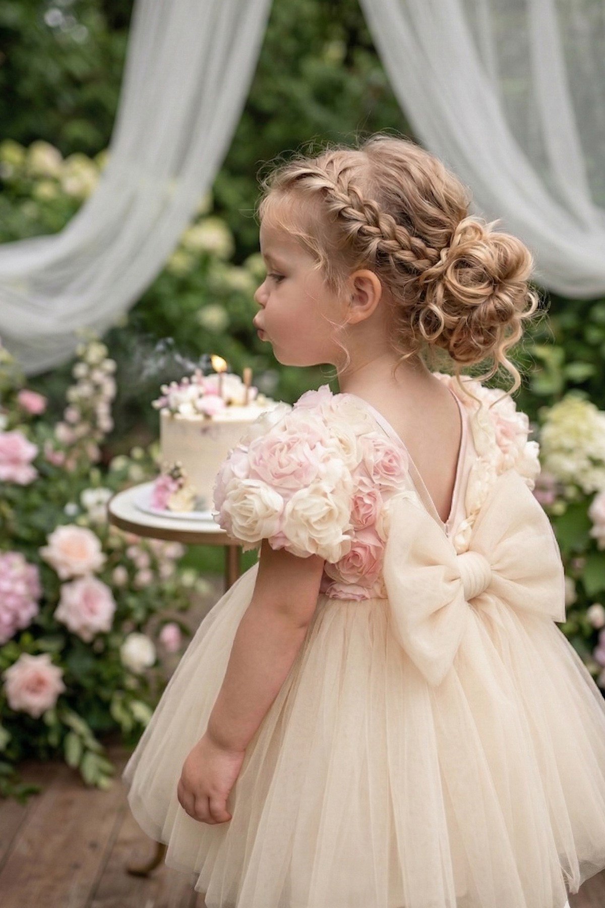 Kız Bebek Güllü Tütü Elbise Pembe Ekru Prenses Model 9-24 Ay Doğum Günü Özel Gün Elbisesi